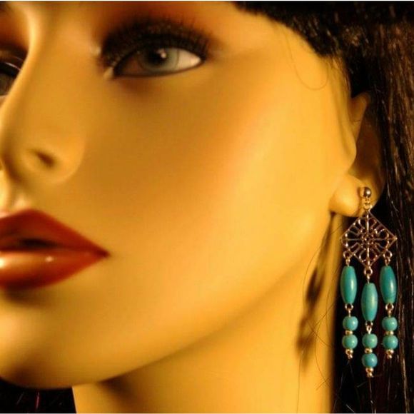 Handmade Blue Chalk Turquoise Sterling Silver Chandelier Dangle Post Earrings - Picture 5 of 5